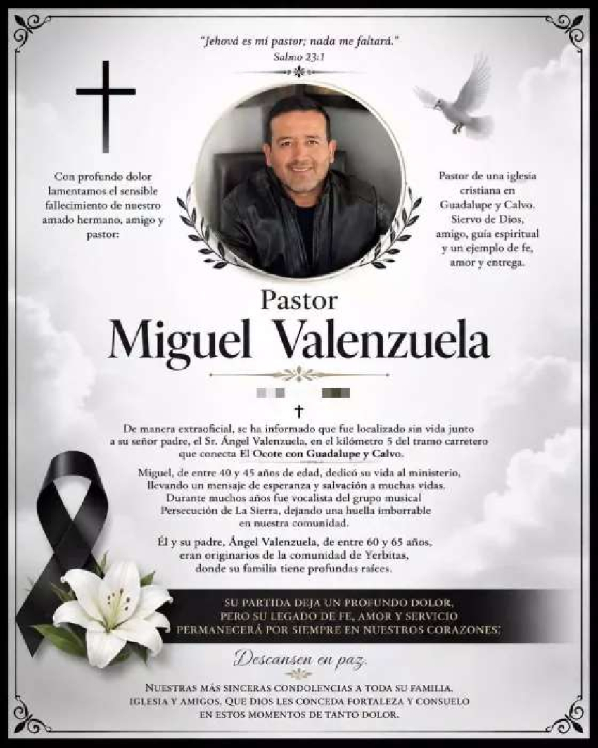 Asesinan a pastor cristiano y a su padre en Guadalupe y Calvo