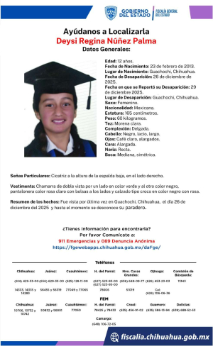 Piden ayuda para localizar a jovencita de 12 a&ntilde;os desaparecida en Guachochi