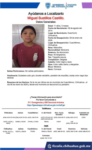 Solicitan ayuda para encontrar a ni&ntilde;o de 11 a&ntilde;os