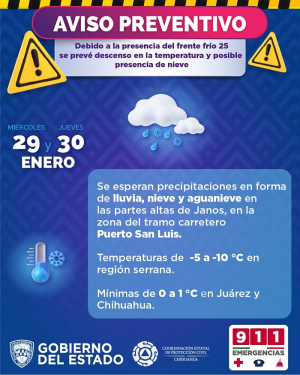Alerta Protecci&oacute;n Civil Estatal por presencia de vientos y descenso de temperatura para las pr&oacute;ximas 72 horas
