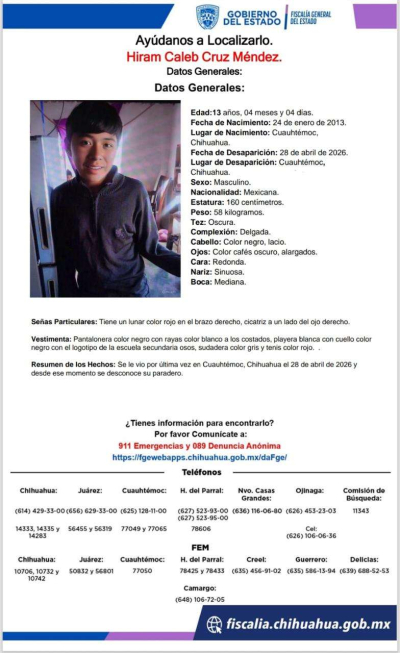 Buscan a jovencito de 13 años desaparecido