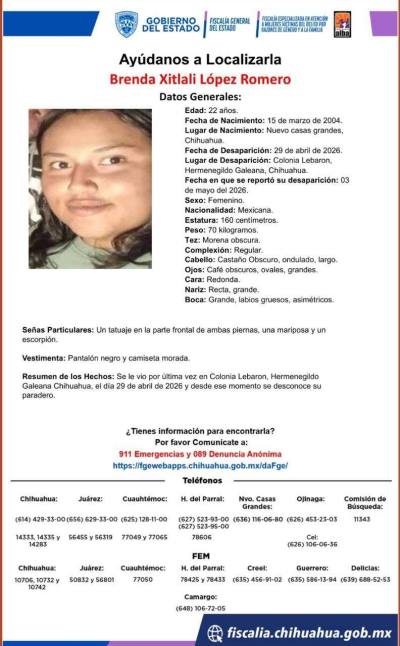 Desaparece en colonia Lebaron joven de 22 años