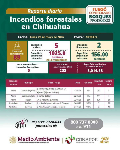Registran cinco incendios forestales activos en la Sierra, Guerrero y Madera
