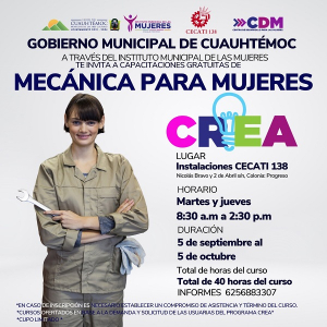 El Instituto Municipal de las Mujeres, te invita a capacitaciones para las mujeres, del proyecto "CREA&rdquo;.