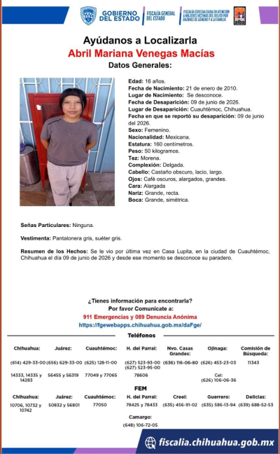 Buscan a jovencita de 16 años desaparecida