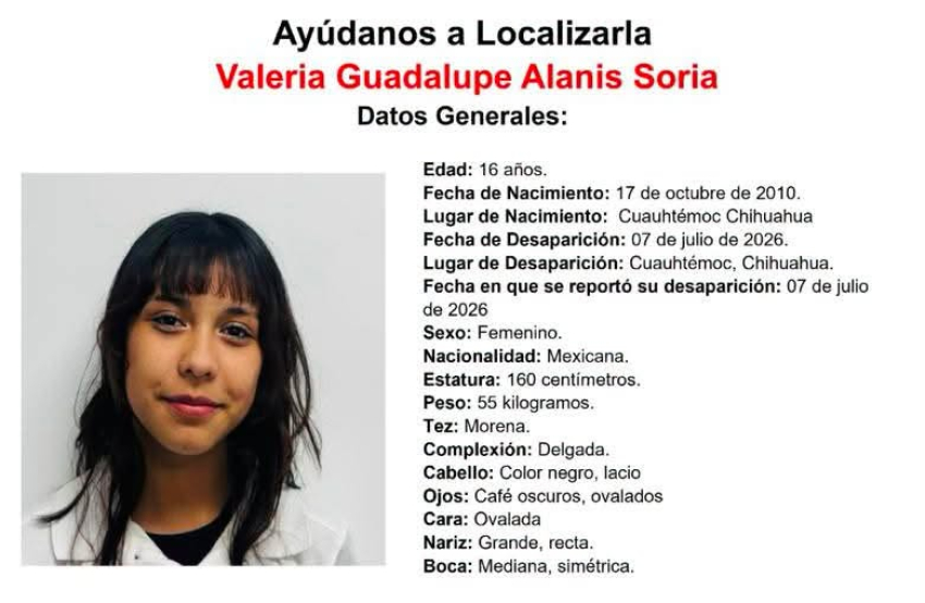 Buscan a Valeria de 16 años, desapareció en esta ciudad
