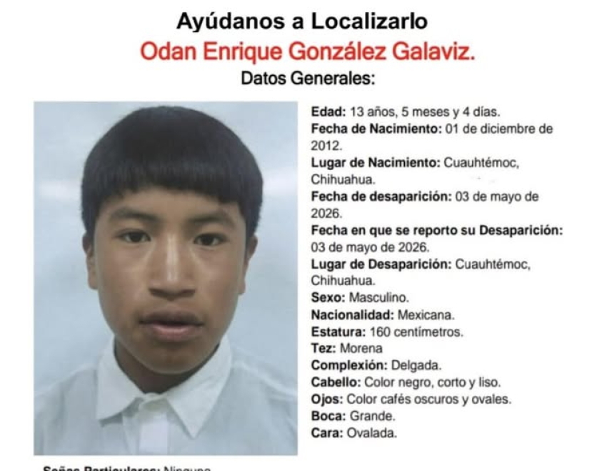 Buscan a niños de 13 años desaparecido en Cuauhtémoc