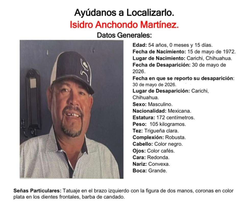 Buscan a Isidro Anchondo Martínez; desapareció en Carichí