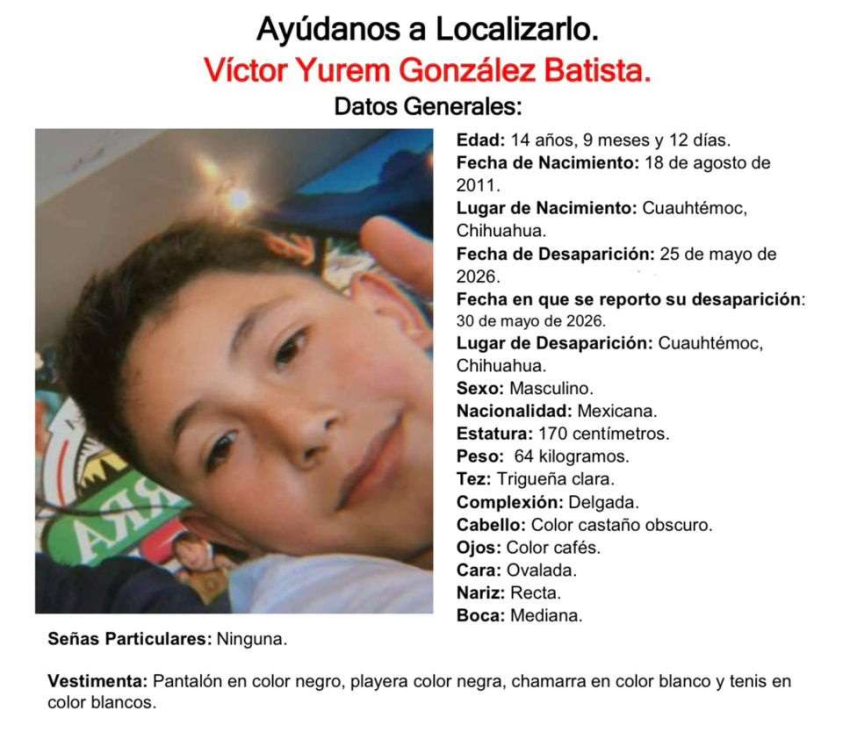 Buscan al menor Víctor Yurem; desapareció en Cuauhtémoc